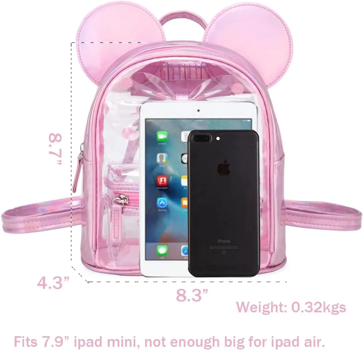 Cutest Toddler Polkadot Bow Mouse Ears Bag Mini Clear Fashion Shoulder Backpack for Teen Toddler Little Girls (clear)
