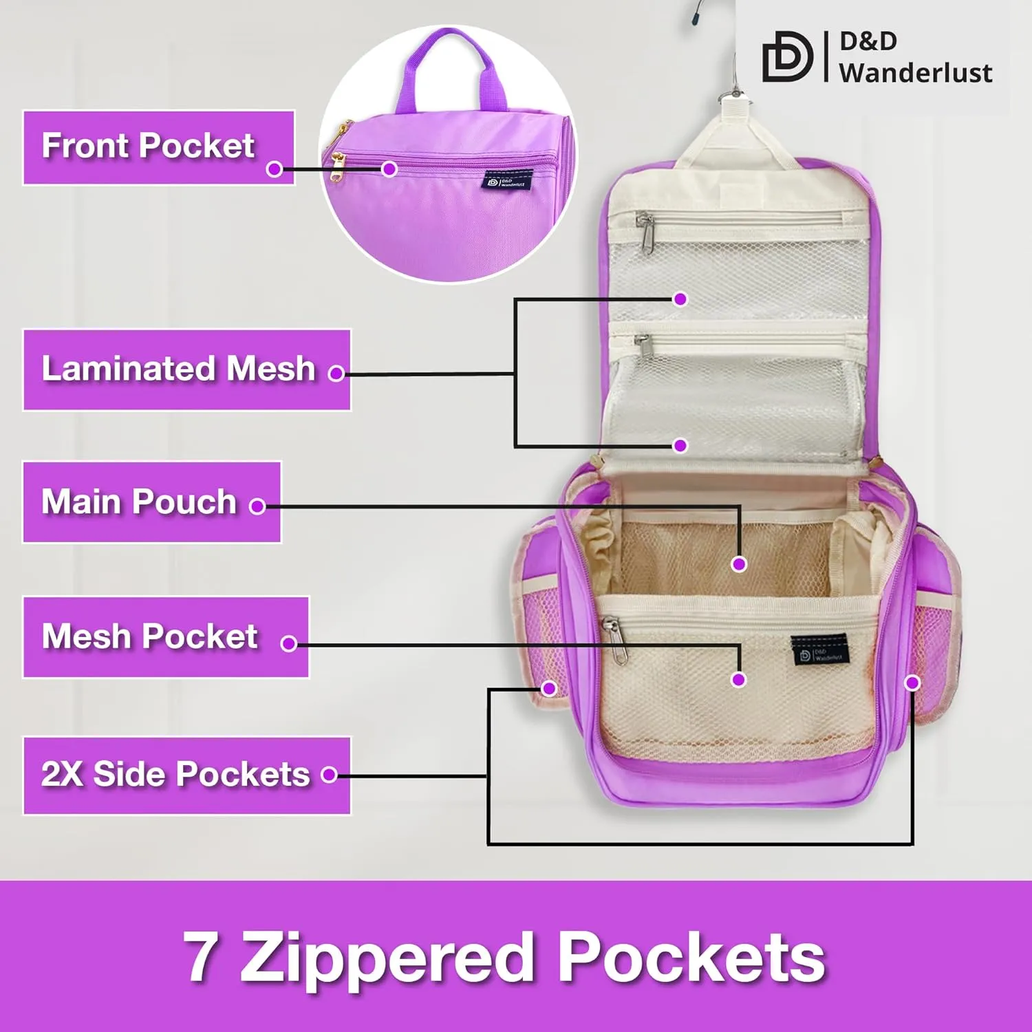 D&D Hanging Travel Toiletry Bag for Men and Women – Large Cosmetics, Makeup and Toiletries Organizer Kit with 10 Compartments, YKK Zippers, XXL Metal Swivel Hook, Water-Resistant Nylon