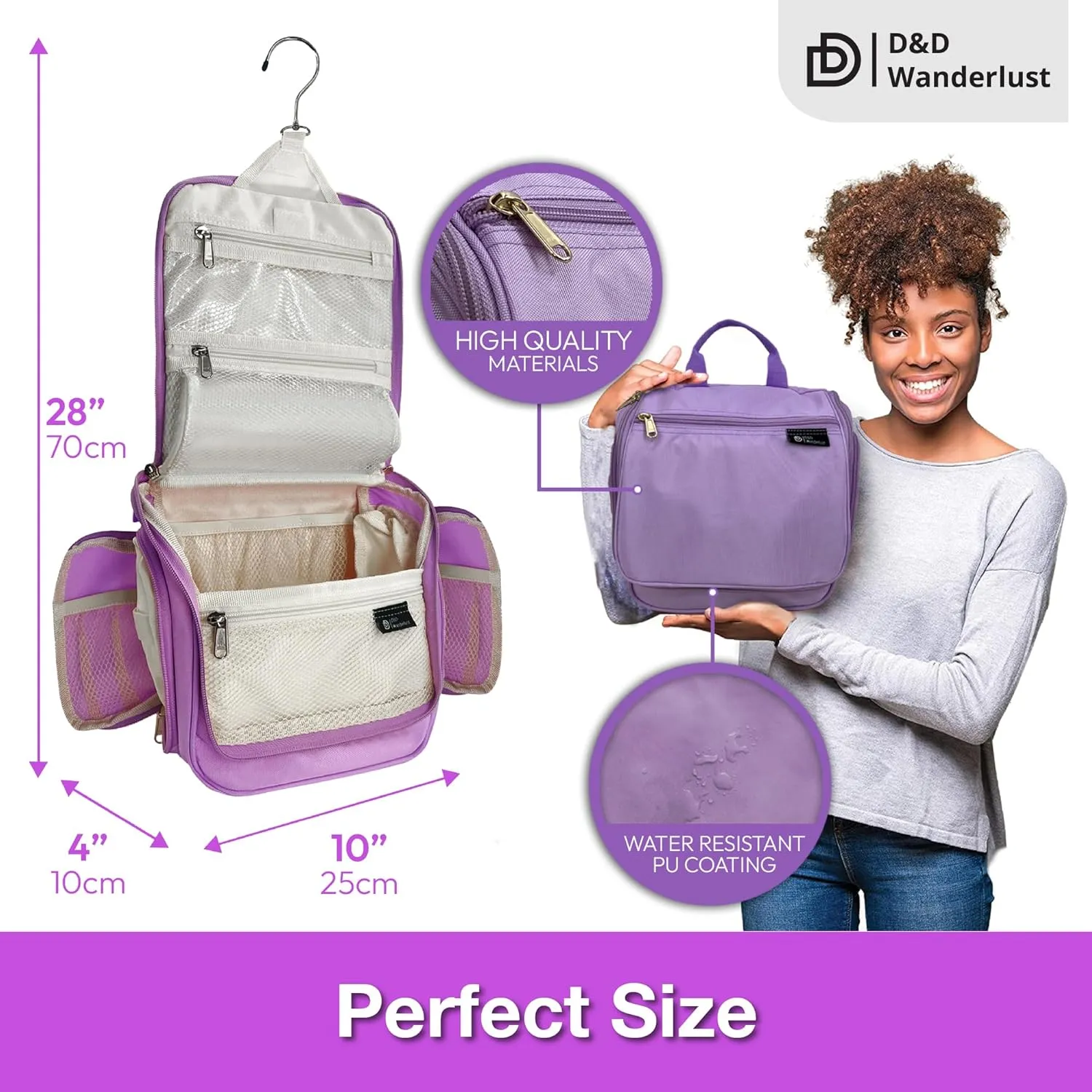 D&D Hanging Travel Toiletry Bag for Men and Women – Large Cosmetics, Makeup and Toiletries Organizer Kit with 10 Compartments, YKK Zippers, XXL Metal Swivel Hook, Water-Resistant Nylon