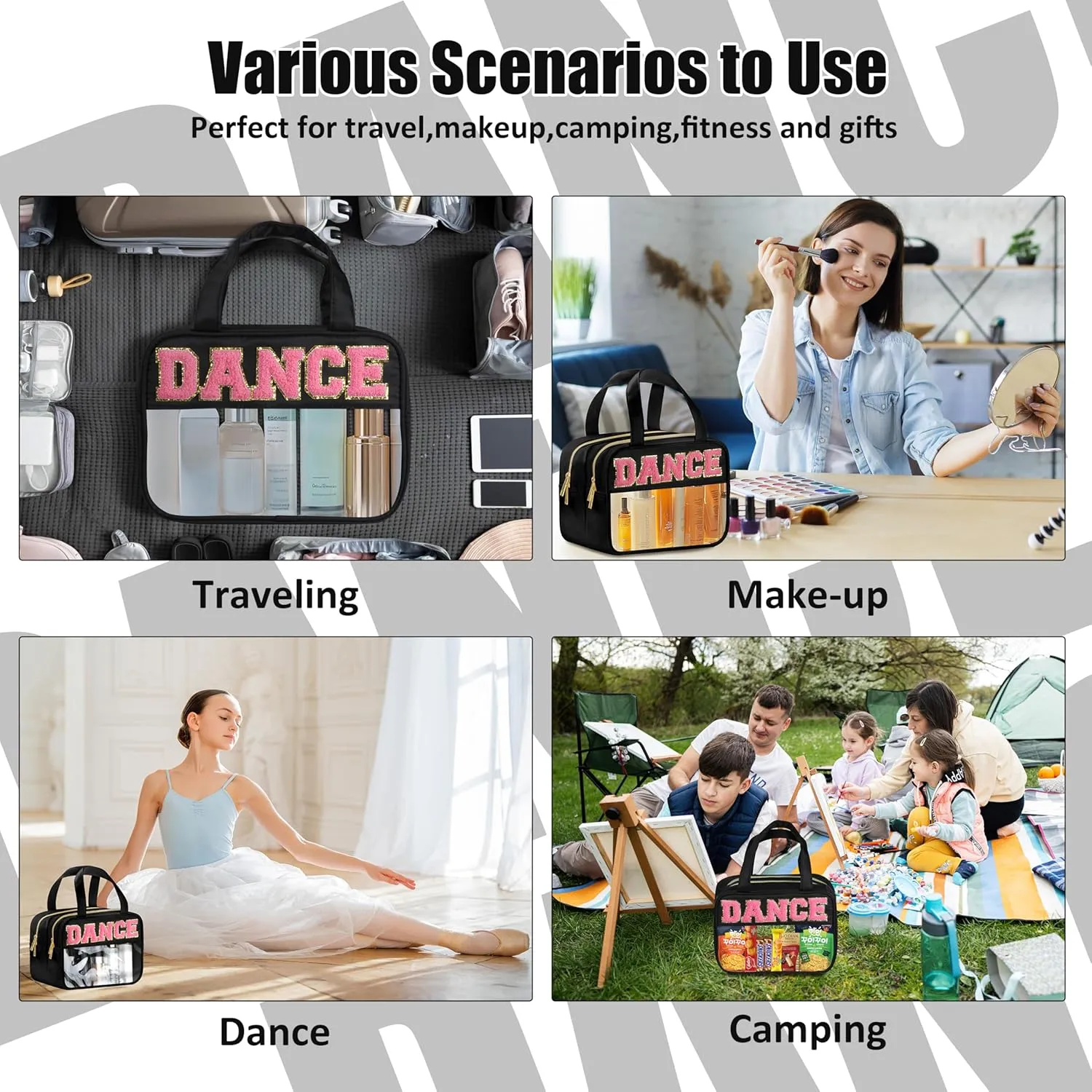Dance Chenille Letter Bags Clear Makeup Bag for Travel, Dance Gift Cosmetic Pouch with Handles and Zipper, Nylon & PVC Waterproof Large Dance Accessories Toiletry Purse Storage Bag for Women
