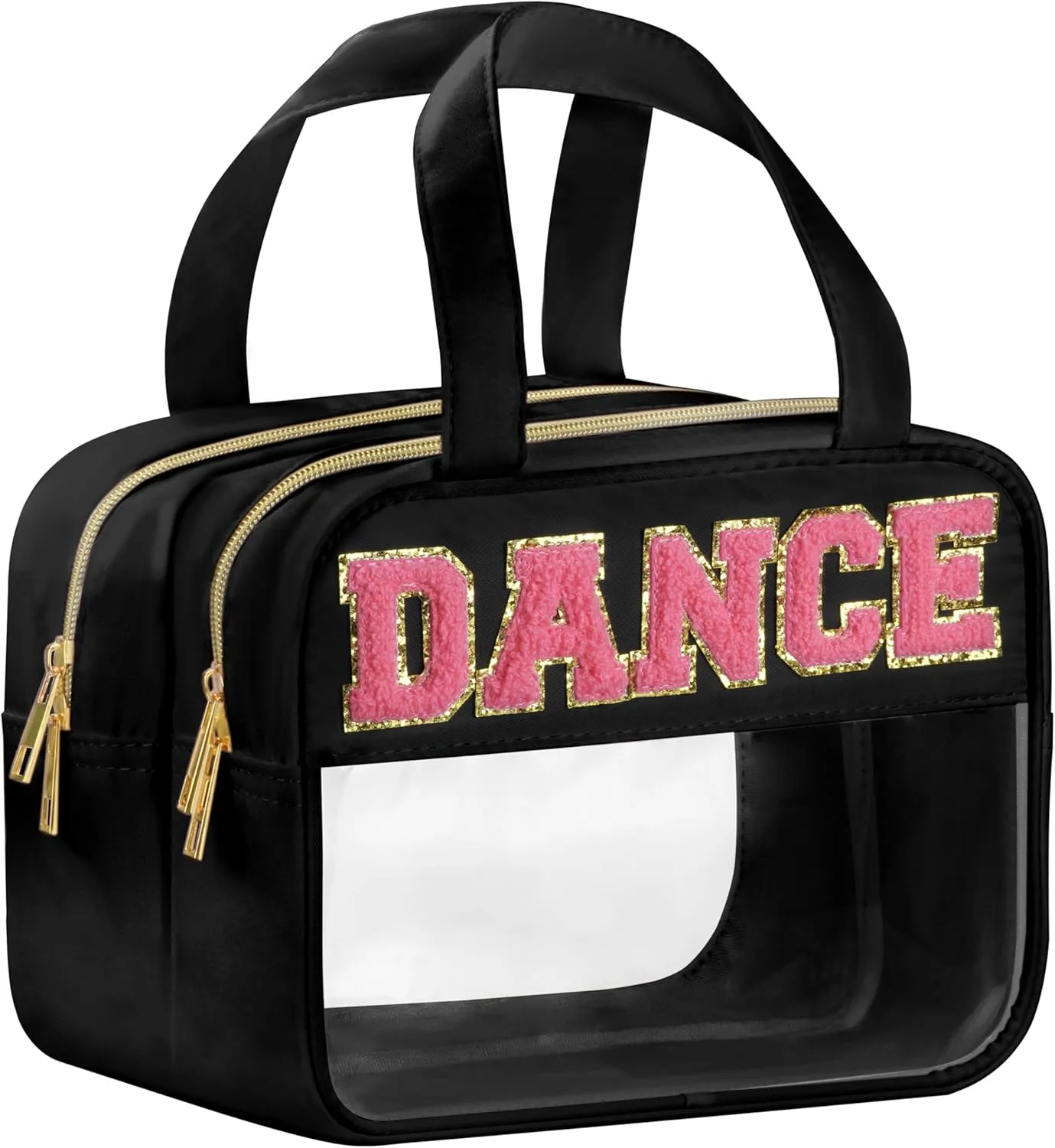Dance Chenille Letter Bags Clear Makeup Bag for Travel, Dance Gift Cosmetic Pouch with Handles and Zipper, Nylon & PVC Waterproof Large Dance Accessories Toiletry Purse Storage Bag for Women