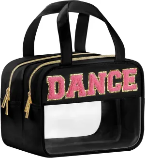 Dance Chenille Letter Bags Clear Makeup Bag for Travel, Dance Gift Cosmetic Pouch with Handles and Zipper, Nylon & PVC Waterproof Large Dance Accessories Toiletry Purse Storage Bag for Women