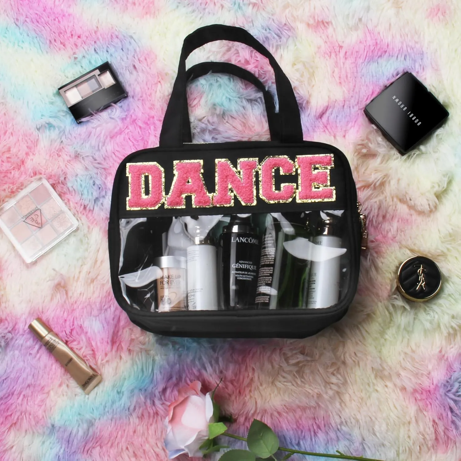 Dance Chenille Letter Bags Clear Makeup Bag for Travel, Dance Gift Cosmetic Pouch with Handles and Zipper, Nylon & PVC Waterproof Large Dance Accessories Toiletry Purse Storage Bag for Women