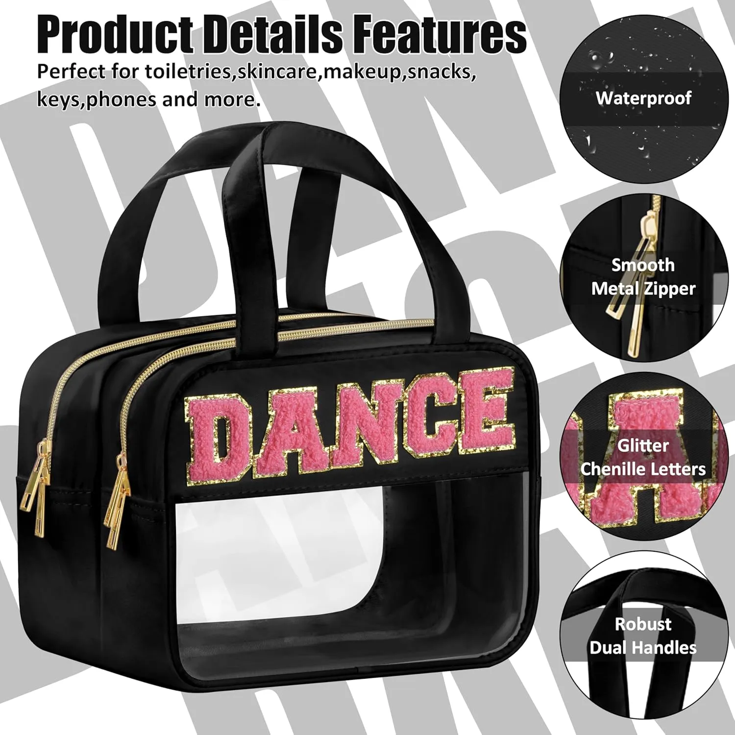 Dance Chenille Letter Bags Clear Makeup Bag for Travel, Dance Gift Cosmetic Pouch with Handles and Zipper, Nylon & PVC Waterproof Large Dance Accessories Toiletry Purse Storage Bag for Women