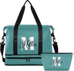 Dark Teal Custom Travel Duffel Bag for Women Men Gym Bag with Shoe Compartment Wet Pocket Personalized Carry On Weekender Overnight Bags for Hospital Gym Travel
