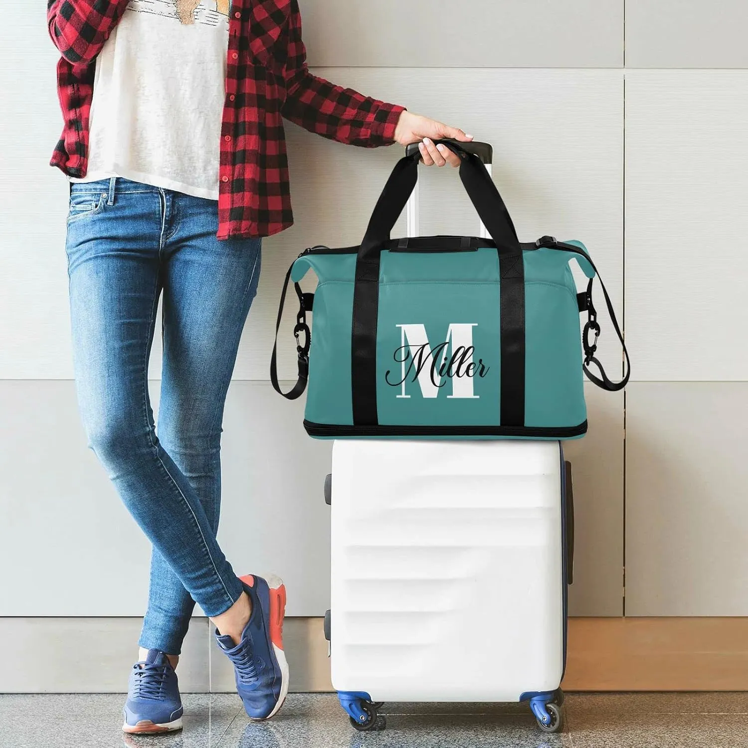 Dark Teal Custom Travel Duffel Bag for Women Men Gym Bag with Shoe Compartment Wet Pocket Personalized Carry On Weekender Overnight Bags for Hospital Gym Travel