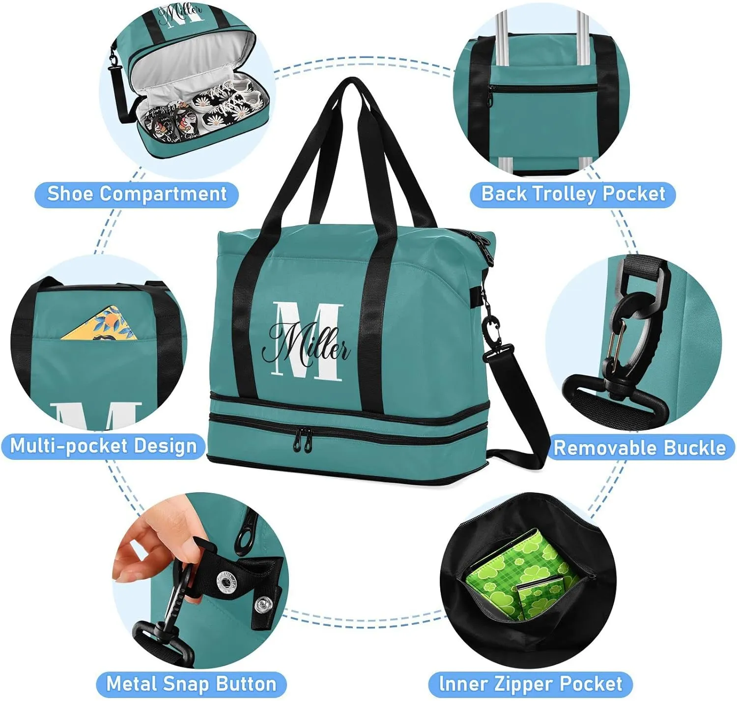Dark Teal Custom Travel Duffel Bag for Women Men Gym Bag with Shoe Compartment Wet Pocket Personalized Carry On Weekender Overnight Bags for Hospital Gym Travel