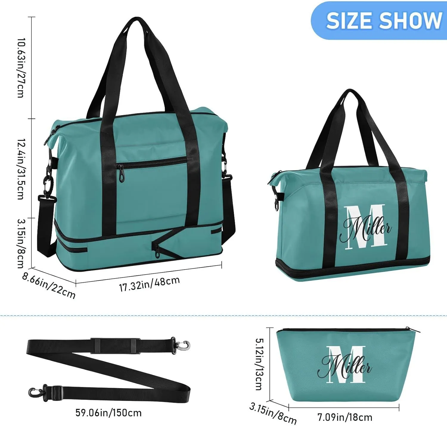 Dark Teal Custom Travel Duffel Bag for Women Men Gym Bag with Shoe Compartment Wet Pocket Personalized Carry On Weekender Overnight Bags for Hospital Gym Travel
