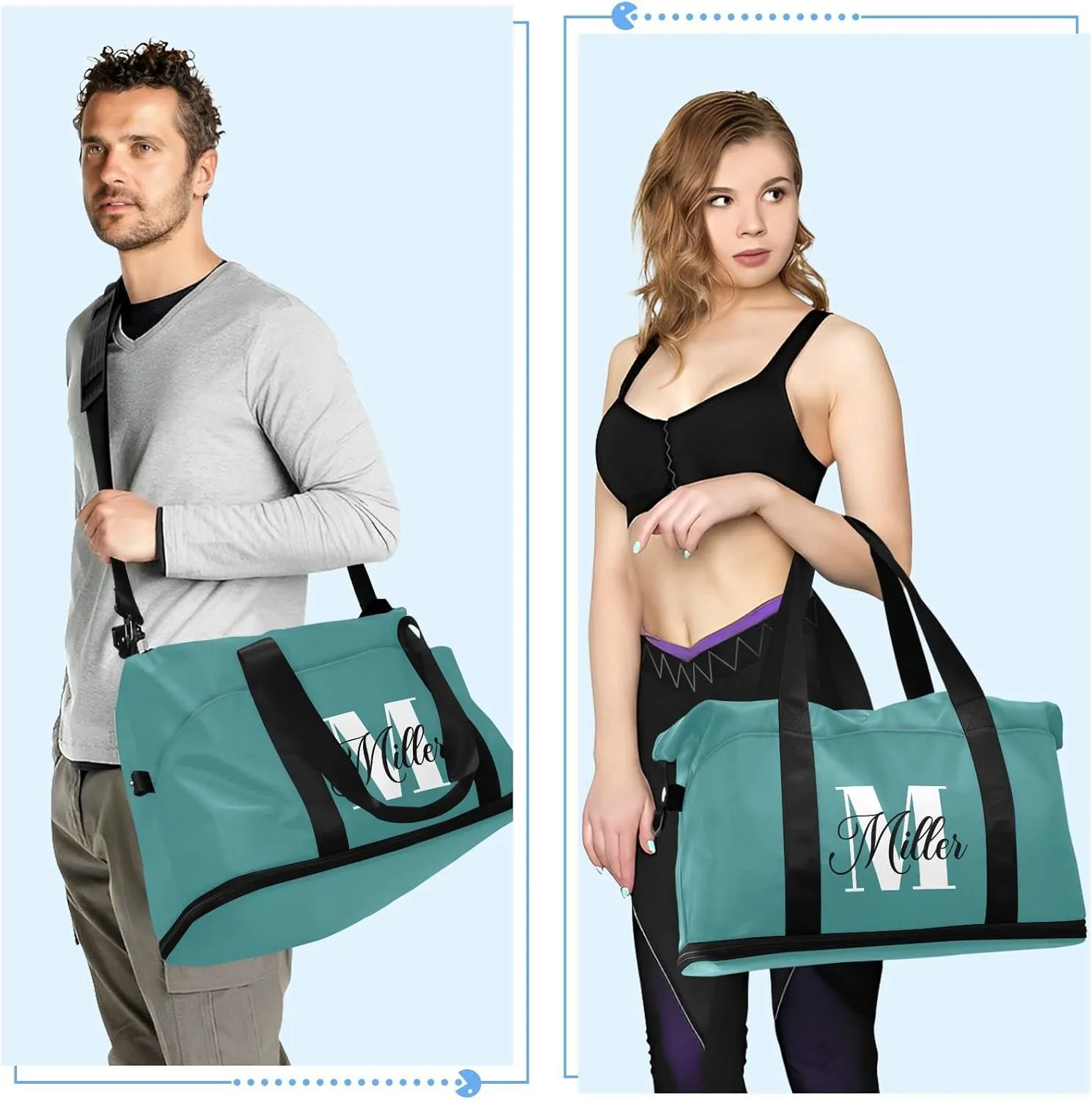 Dark Teal Custom Travel Duffel Bag for Women Men Gym Bag with Shoe Compartment Wet Pocket Personalized Carry On Weekender Overnight Bags for Hospital Gym Travel