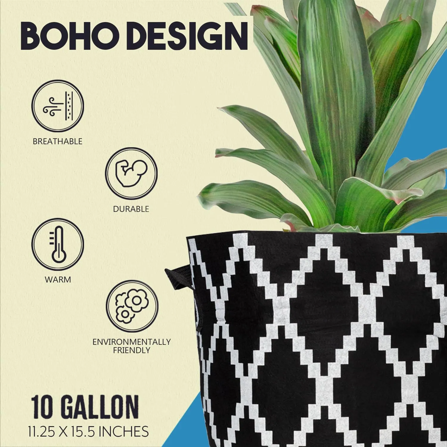 Darware 10 Gallon Grow Bags (Set of 4, Black & White Boho); Fabric Planter Bags in Geometric Ethnic Design