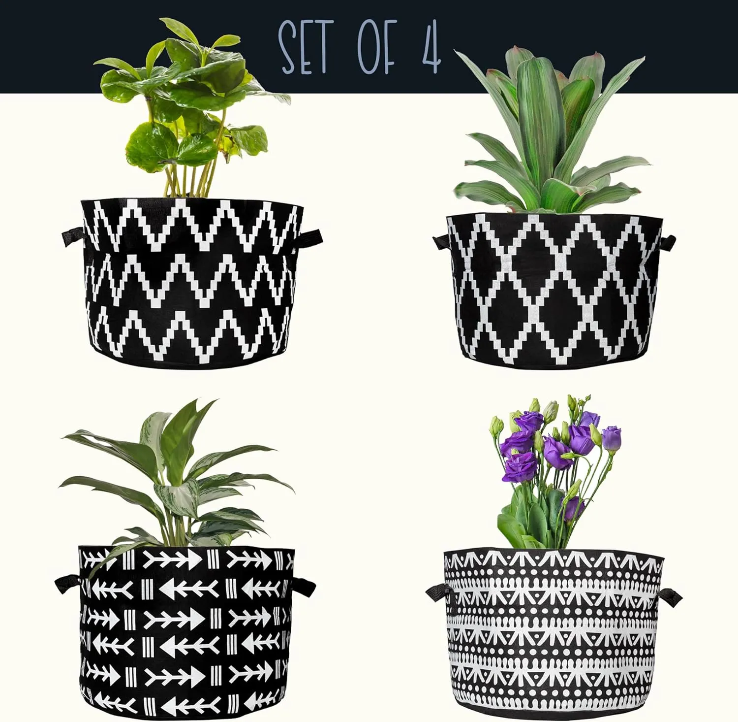 Darware 10 Gallon Grow Bags (Set of 4, Black & White Boho); Fabric Planter Bags in Geometric Ethnic Design