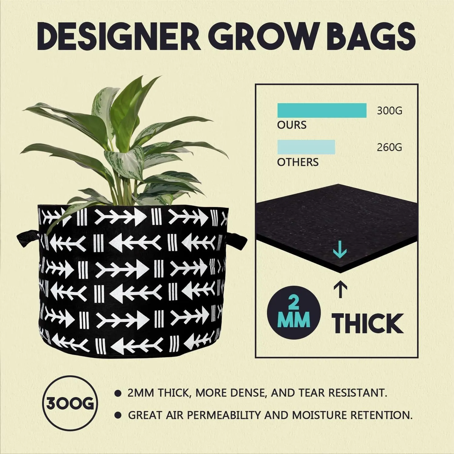Darware 10 Gallon Grow Bags (Set of 4, Black & White Boho); Fabric Planter Bags in Geometric Ethnic Design