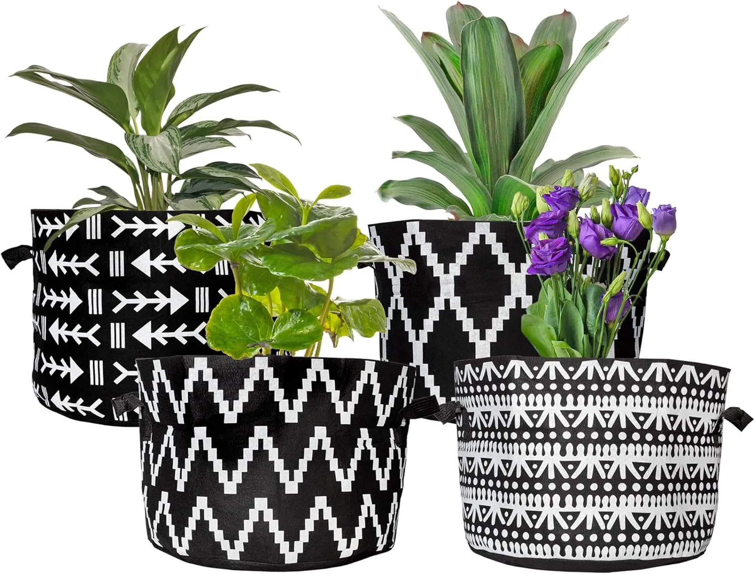 Darware 10 Gallon Grow Bags (Set of 4, Black & White Boho); Fabric Planter Bags in Geometric Ethnic Design