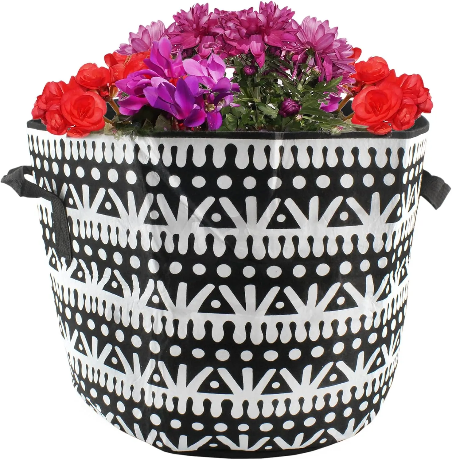 Darware 7 Gallon Grow Bags (Set of 4, Black & White Boho); Fabric Planter Bags in Geometric Ethnic Design