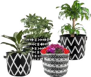 Darware 7 Gallon Grow Bags (Set of 4, Black & White Boho); Fabric Planter Bags in Geometric Ethnic Design