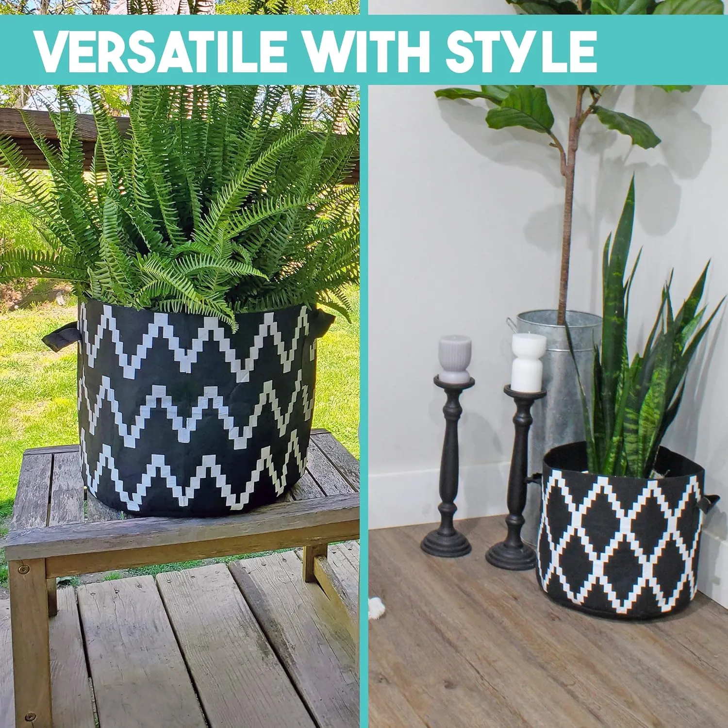 Darware 7 Gallon Grow Bags (Set of 4, Black & White Boho); Fabric Planter Bags in Geometric Ethnic Design