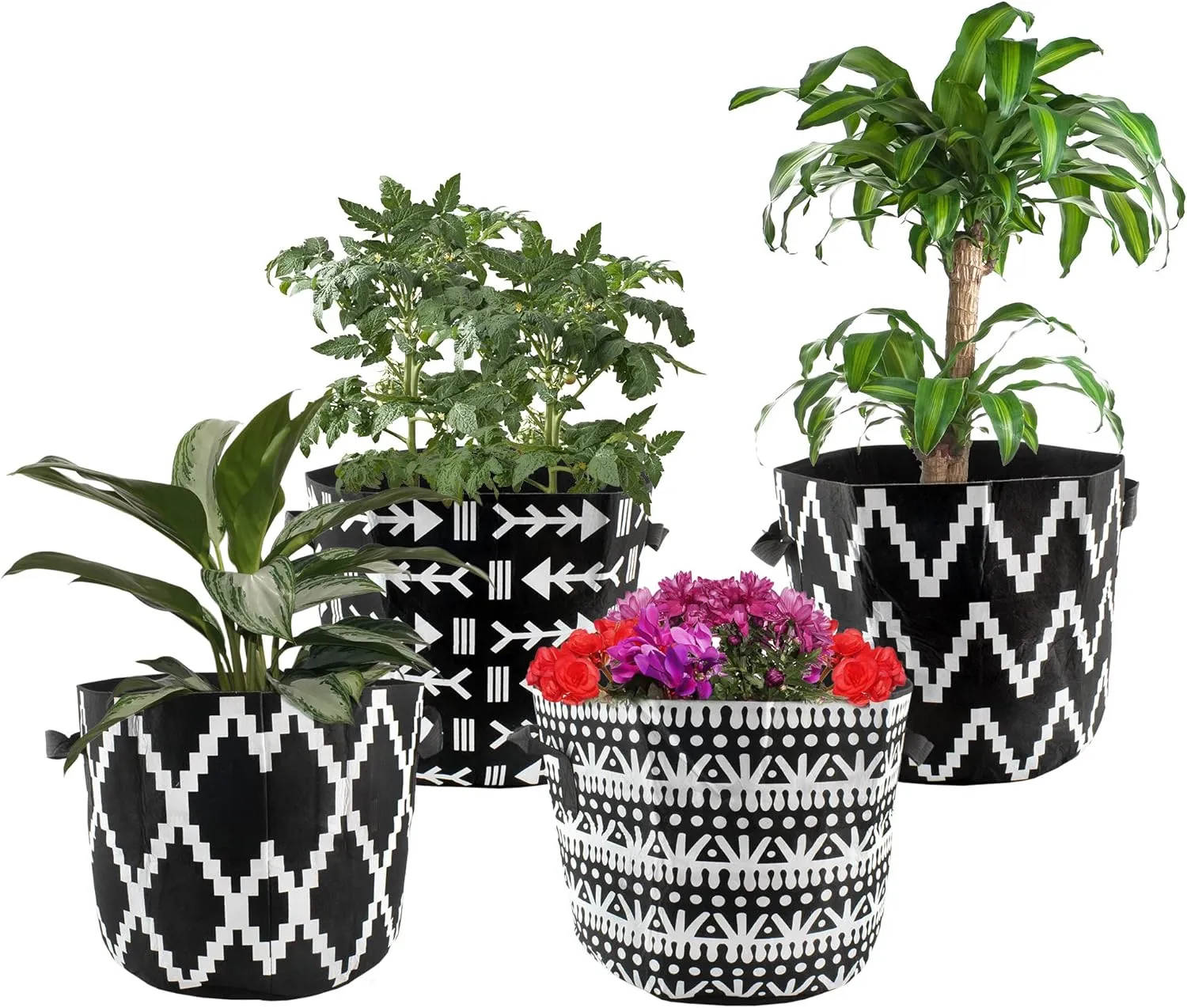 Darware 7 Gallon Grow Bags (Set of 4, Black & White Boho); Fabric Planter Bags in Geometric Ethnic Design
