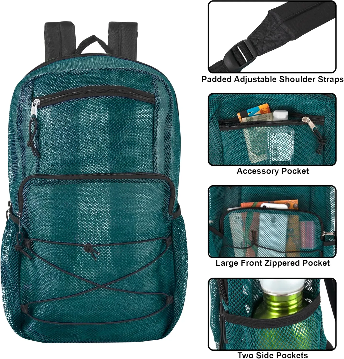 Deluxe See Through Mesh Backpack with Bungee Cord & Adjustable Padded Straps for Swimming, Travel (Green)
