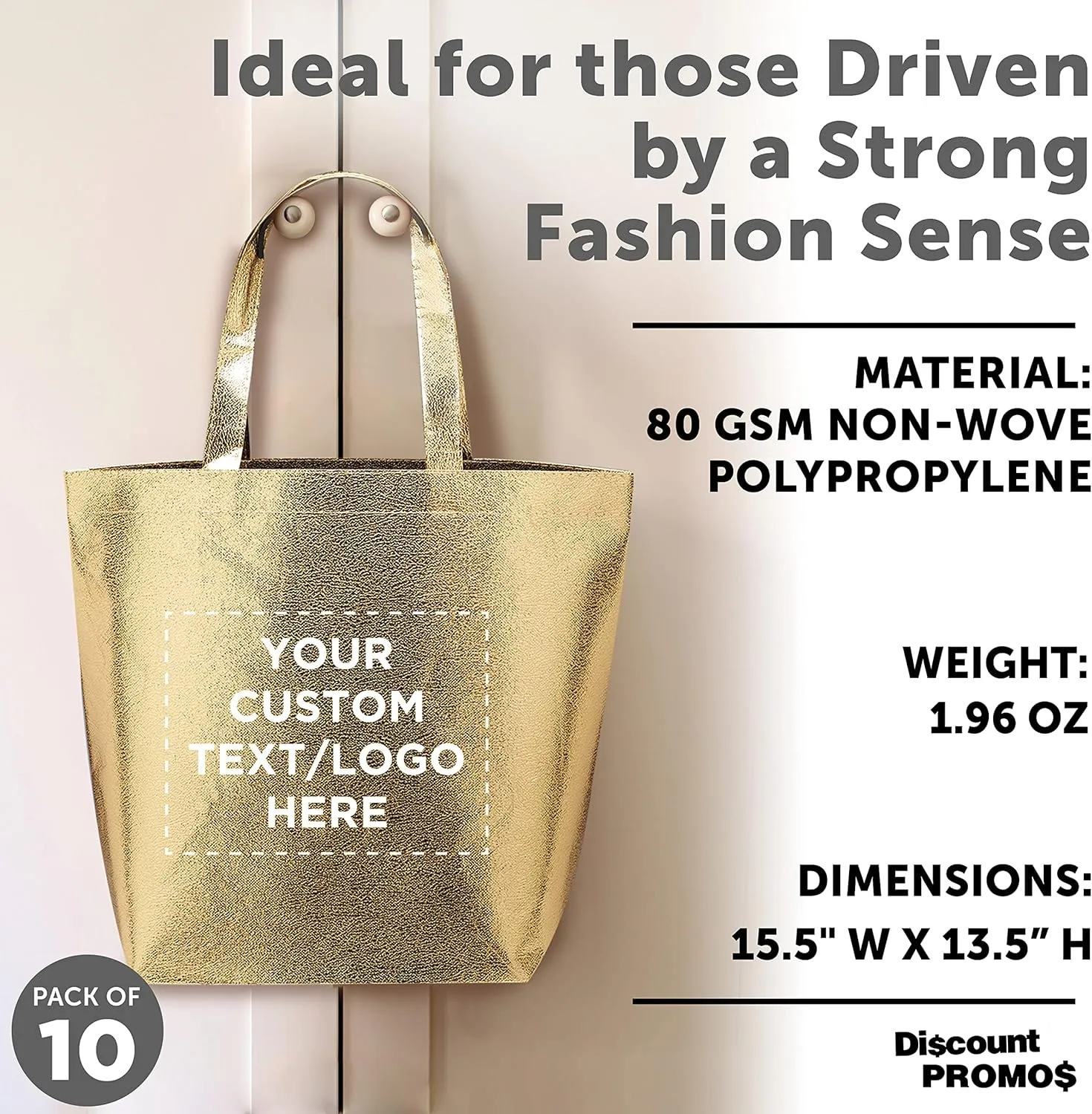 DISCOUNT PROMOS Custom New Castle Non-woven Metallic Tote Bags Set of 10, Personalized Bulk Pack - Cool Modern Design, Perfect For Everyday Use - Gold