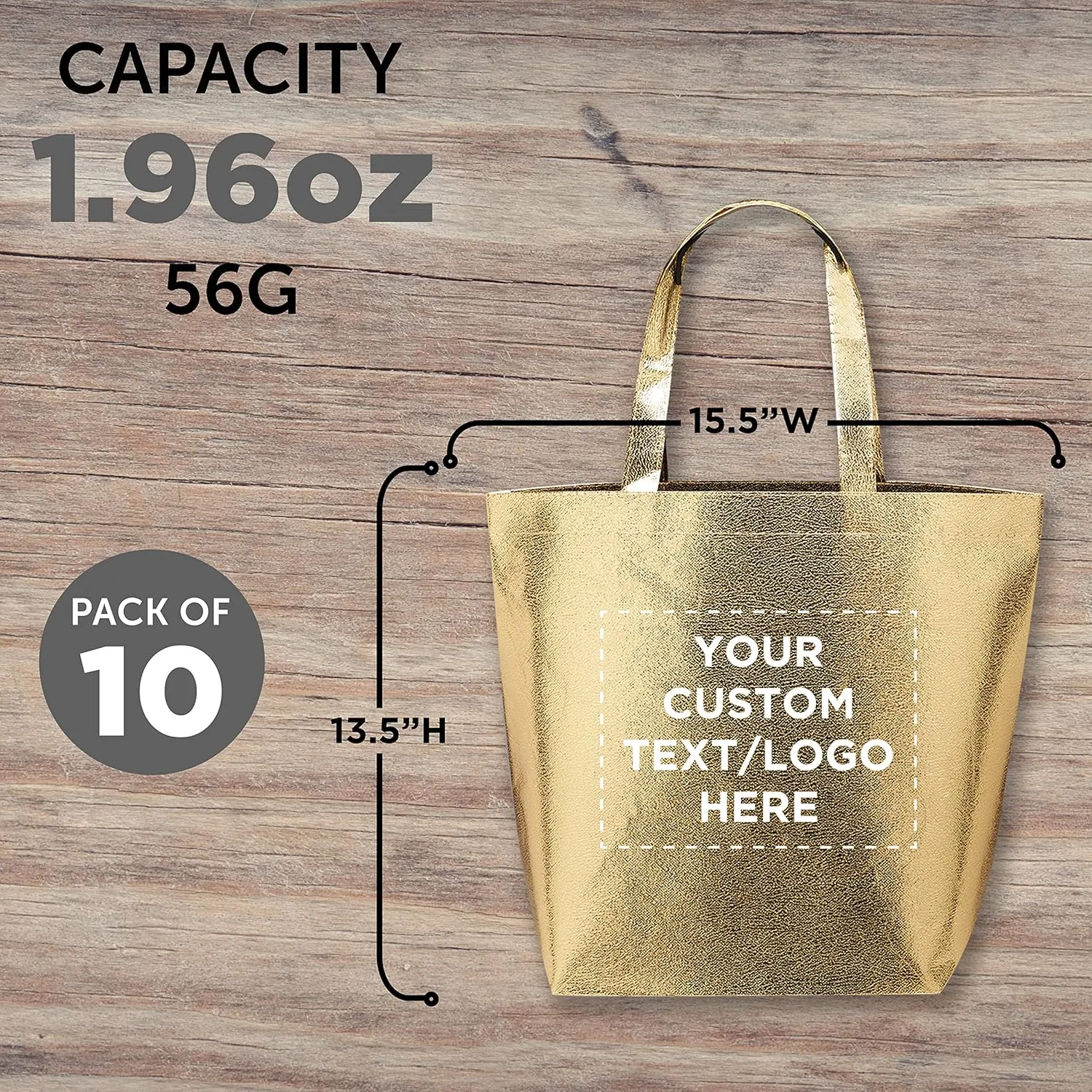 DISCOUNT PROMOS Custom New Castle Non-woven Metallic Tote Bags Set of 10, Personalized Bulk Pack - Cool Modern Design, Perfect For Everyday Use - Gold