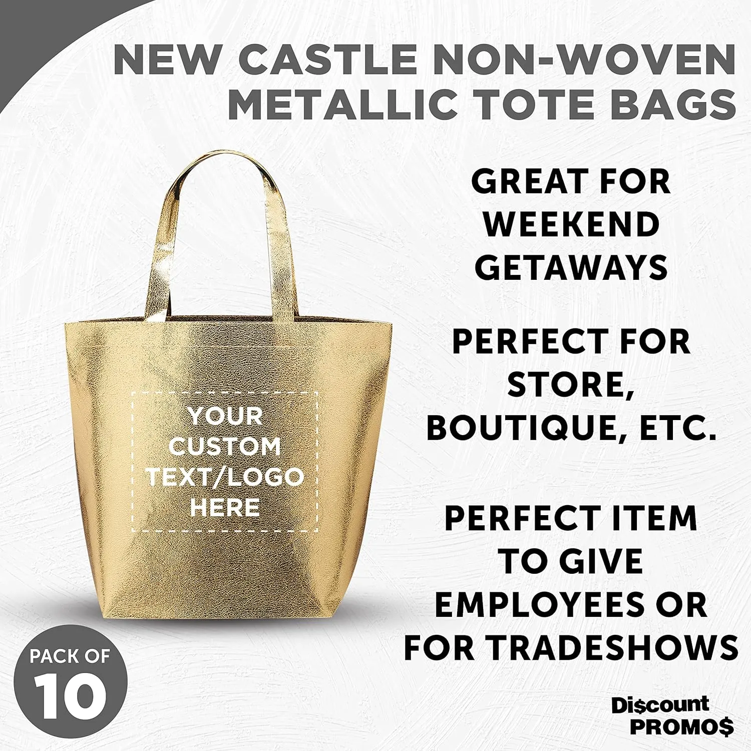 DISCOUNT PROMOS Custom New Castle Non-woven Metallic Tote Bags Set of 10, Personalized Bulk Pack - Cool Modern Design, Perfect For Everyday Use - Gold