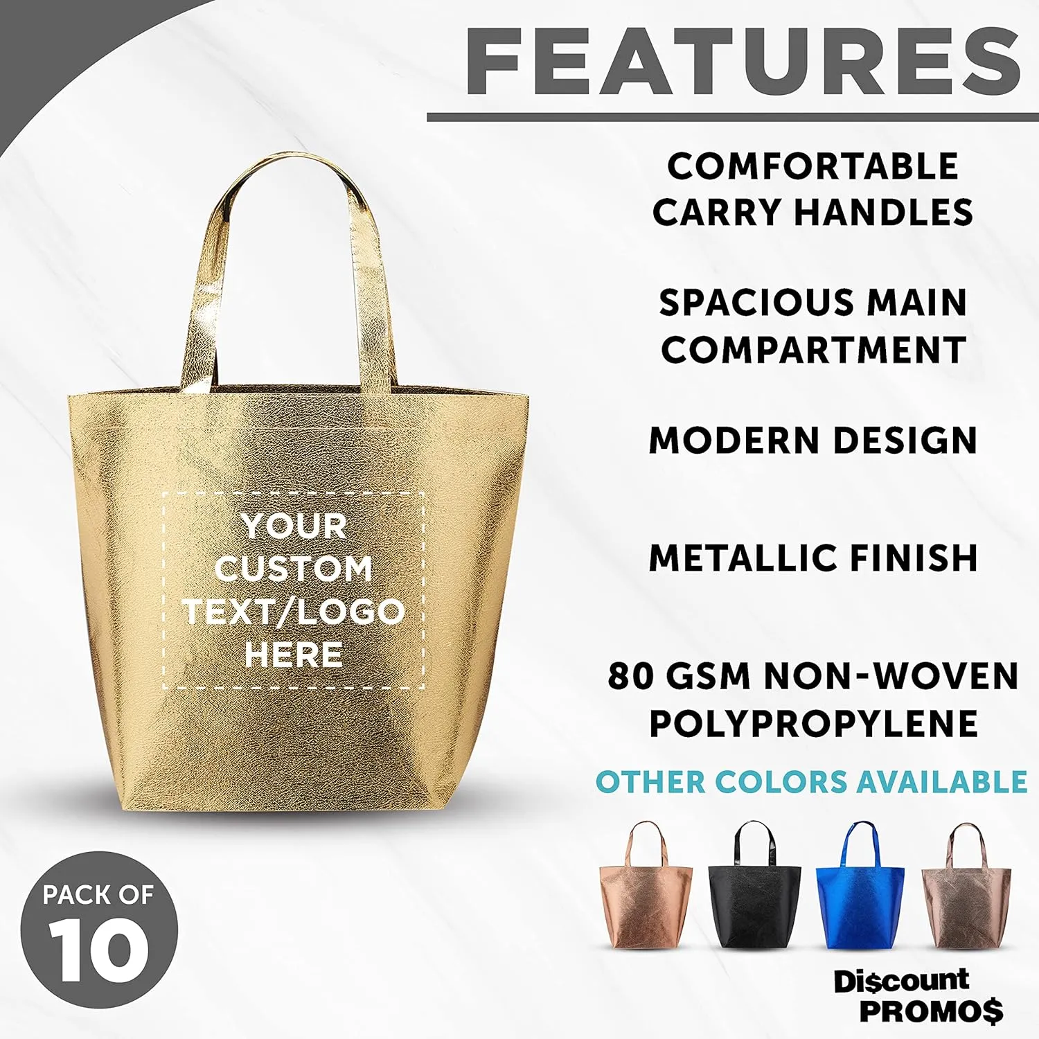 DISCOUNT PROMOS Custom New Castle Non-woven Metallic Tote Bags Set of 10, Personalized Bulk Pack - Cool Modern Design, Perfect For Everyday Use - Gold