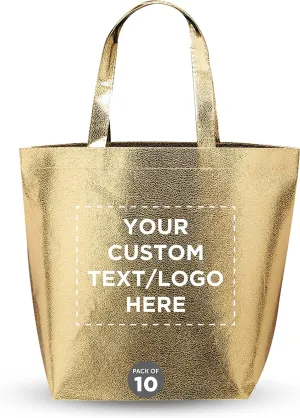 DISCOUNT PROMOS Custom New Castle Non-woven Metallic Tote Bags Set of 10, Personalized Bulk Pack - Cool Modern Design, Perfect For Everyday Use - Gold