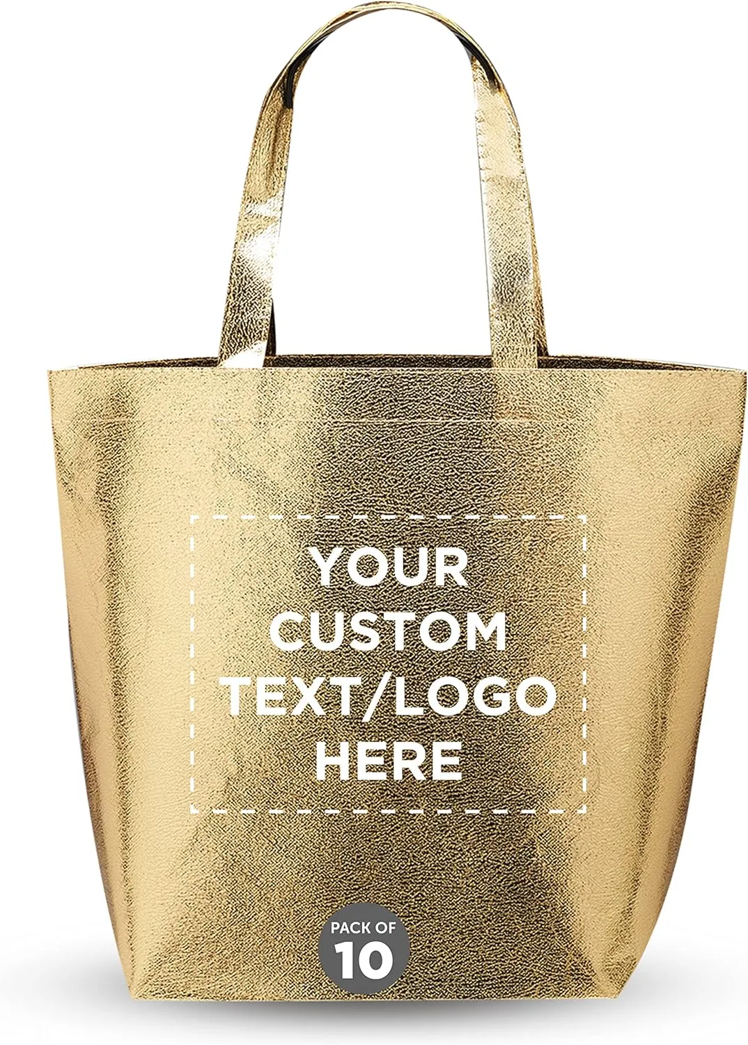 DISCOUNT PROMOS Custom New Castle Non-woven Metallic Tote Bags Set of 10, Personalized Bulk Pack - Cool Modern Design, Perfect For Everyday Use - Gold