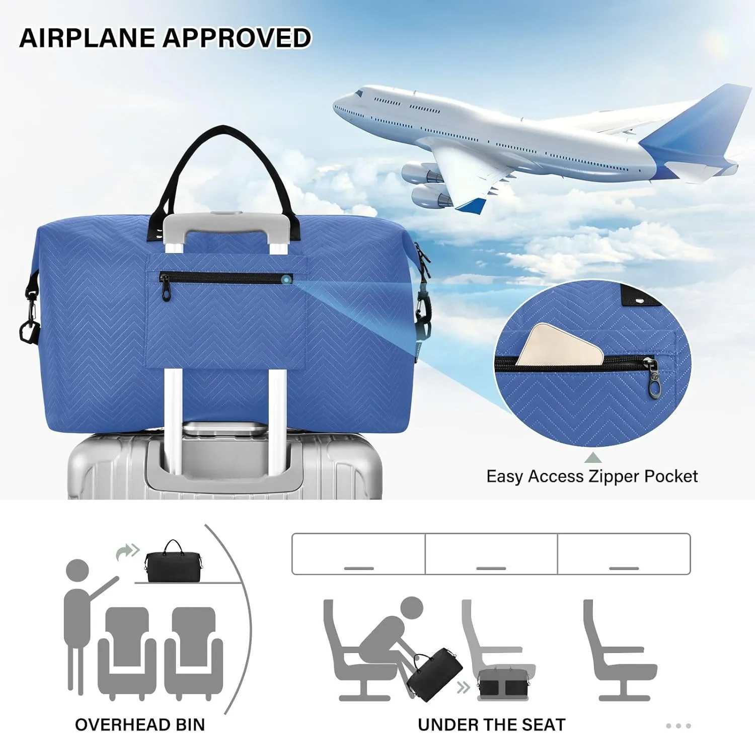DOMIKING Blue Personalized Duffel Bag Foldable Weekender Bag Overnight Bags for Women Men Custom Gym Bag with Toiletry Bag for Yoga Business Travel, 2 Pcs