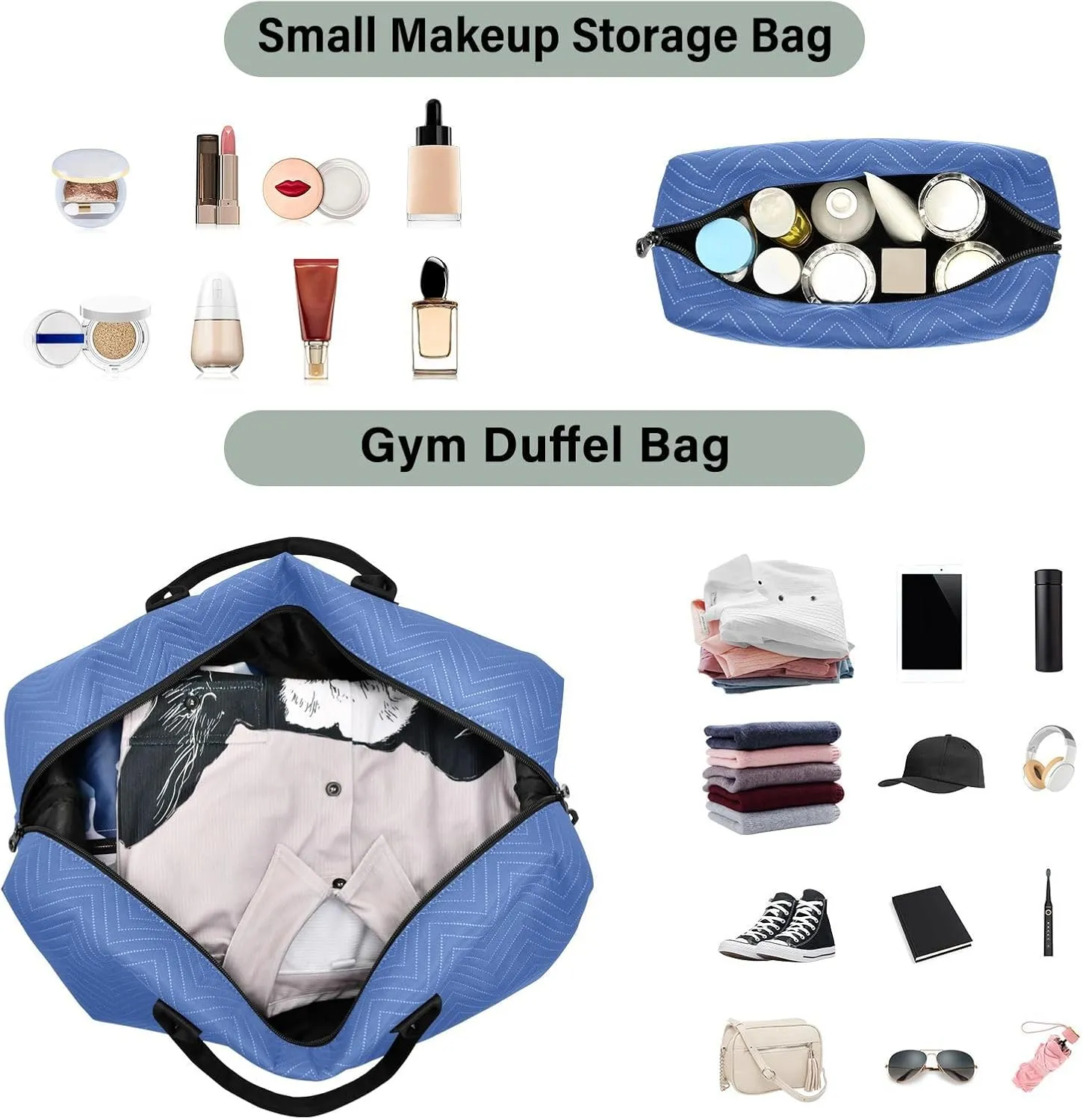 DOMIKING Blue Personalized Duffel Bag Foldable Weekender Bag Overnight Bags for Women Men Custom Gym Bag with Toiletry Bag for Yoga Business Travel, 2 Pcs