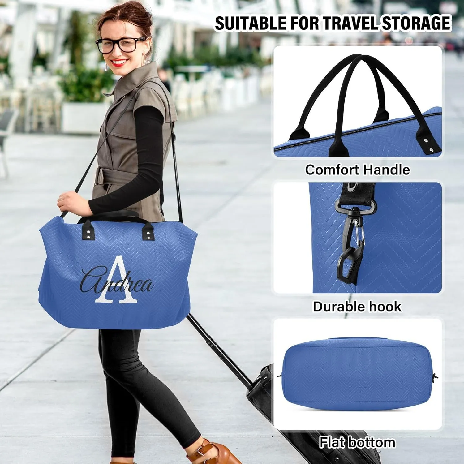 DOMIKING Blue Personalized Duffel Bag Foldable Weekender Bag Overnight Bags for Women Men Custom Gym Bag with Toiletry Bag for Yoga Business Travel, 2 Pcs