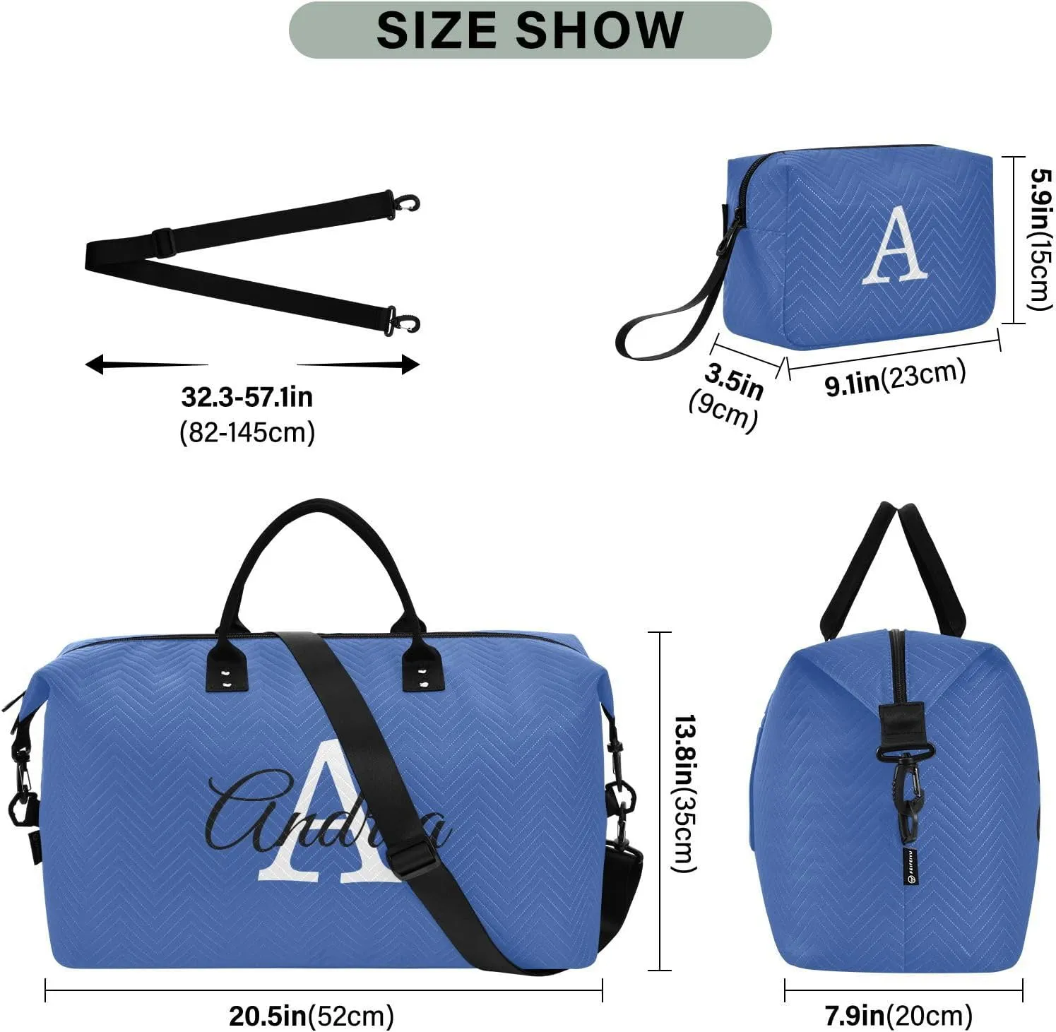 DOMIKING Blue Personalized Duffel Bag Foldable Weekender Bag Overnight Bags for Women Men Custom Gym Bag with Toiletry Bag for Yoga Business Travel, 2 Pcs