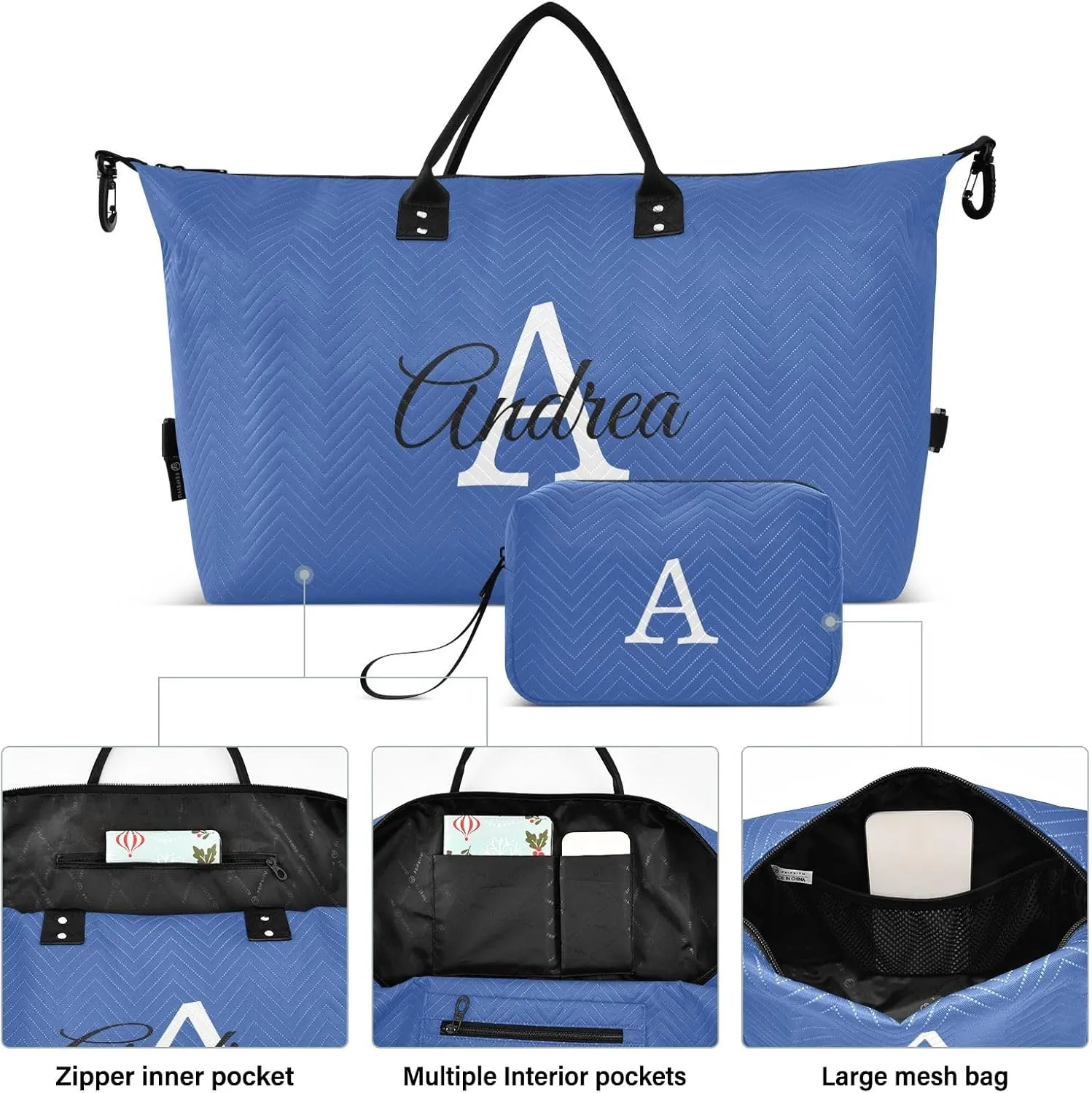 DOMIKING Blue Personalized Duffel Bag Foldable Weekender Bag Overnight Bags for Women Men Custom Gym Bag with Toiletry Bag for Yoga Business Travel, 2 Pcs