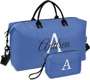 DOMIKING Blue Personalized Duffel Bag Foldable Weekender Bag Overnight Bags for Women Men Custom Gym Bag with Toiletry Bag for Yoga Business Travel, 2 Pcs