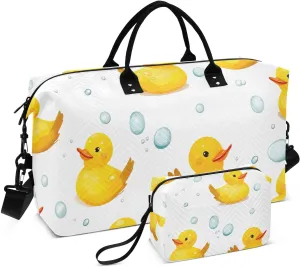 DOMIKING Cute Yellow Rubber Ducks Travel Duffle Bag Foldable Weekender Overnight Bags for Women Men Carry On Luggage Bag Personal Item Travel Bag with Toiletry Bag for Sports Business Trip, 2 Pcs