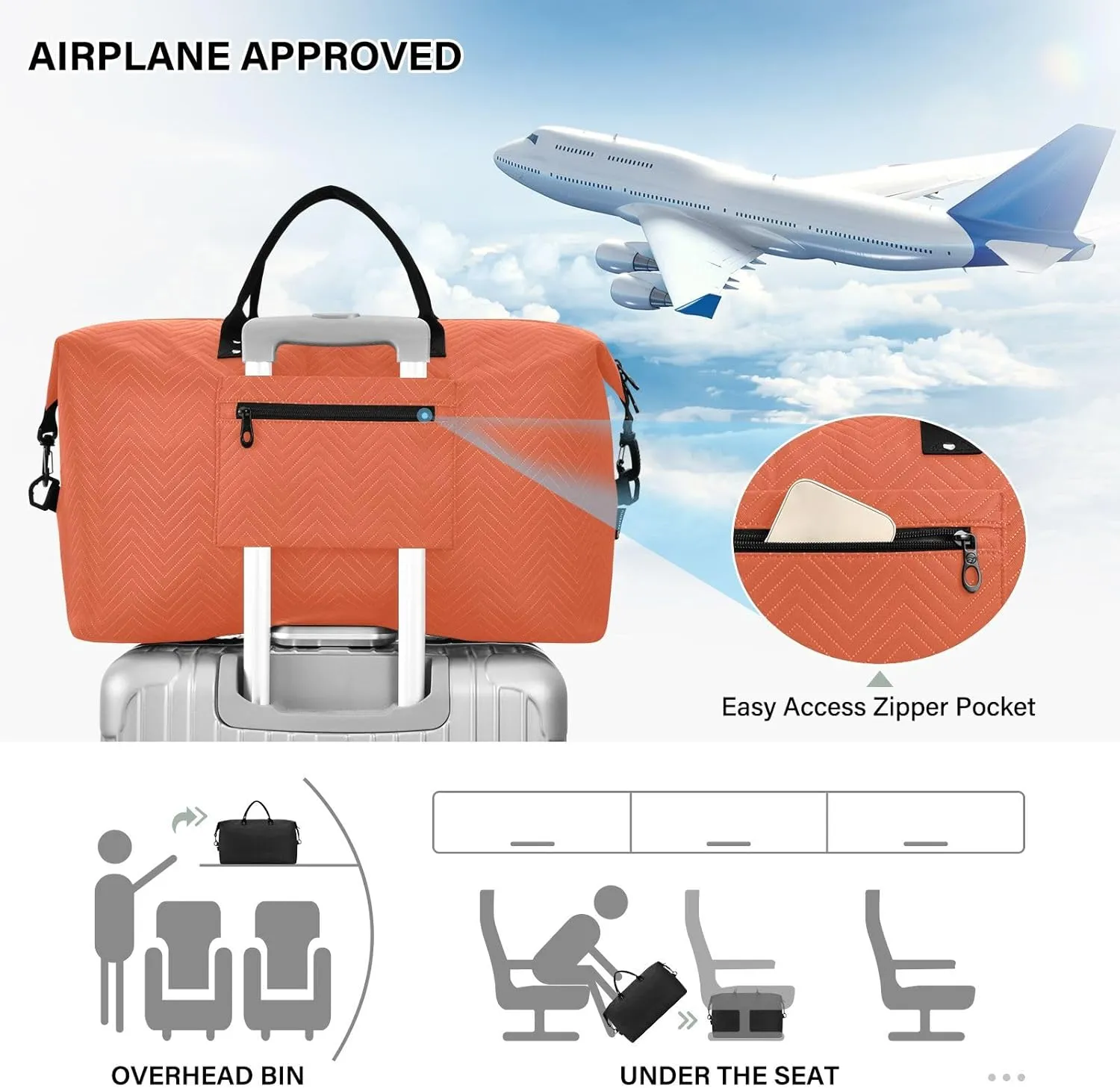 DOMIKING Dark Orange Travel Duffle Bag Foldable Weekender Overnight Bags for Women Men Carry On Luggage Bag Personal Item Travel Bag with Toiletry Bag for Sports Trip Weekend, 2 Pcs