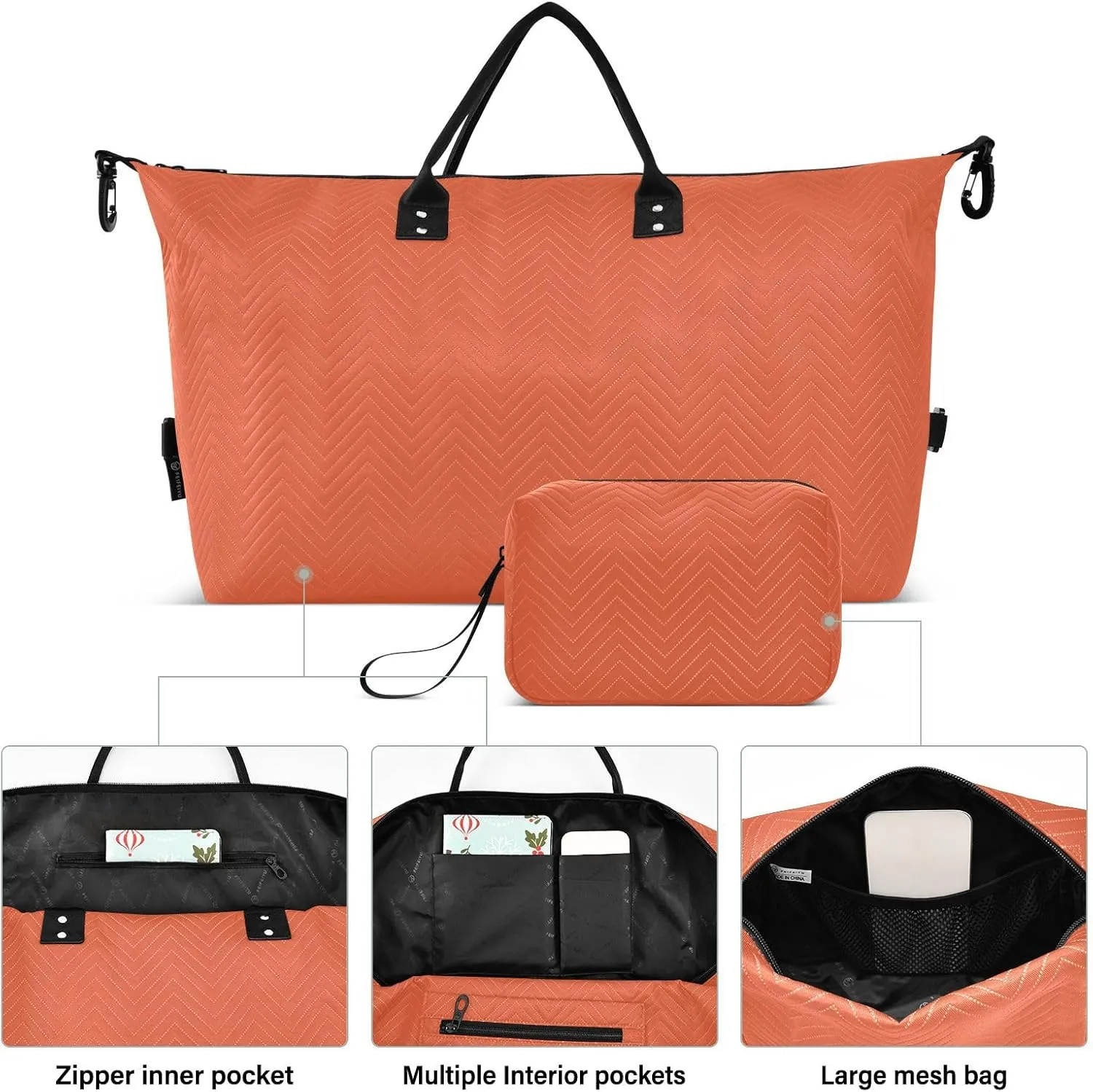 DOMIKING Dark Orange Travel Duffle Bag Foldable Weekender Overnight Bags for Women Men Carry On Luggage Bag Personal Item Travel Bag with Toiletry Bag for Sports Trip Weekend, 2 Pcs