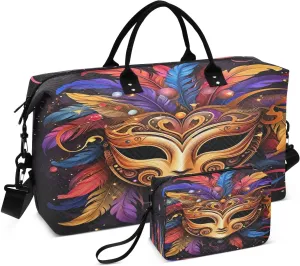 DOMIKING Retro Mardi Gras Carnival Black Travel Duffle Bag Foldable Weekender Overnight Bags for Women Men Carry On Bag Personal Item Travel Bag with Toiletry Bag for Sport Business Weekend, 2 Pcs