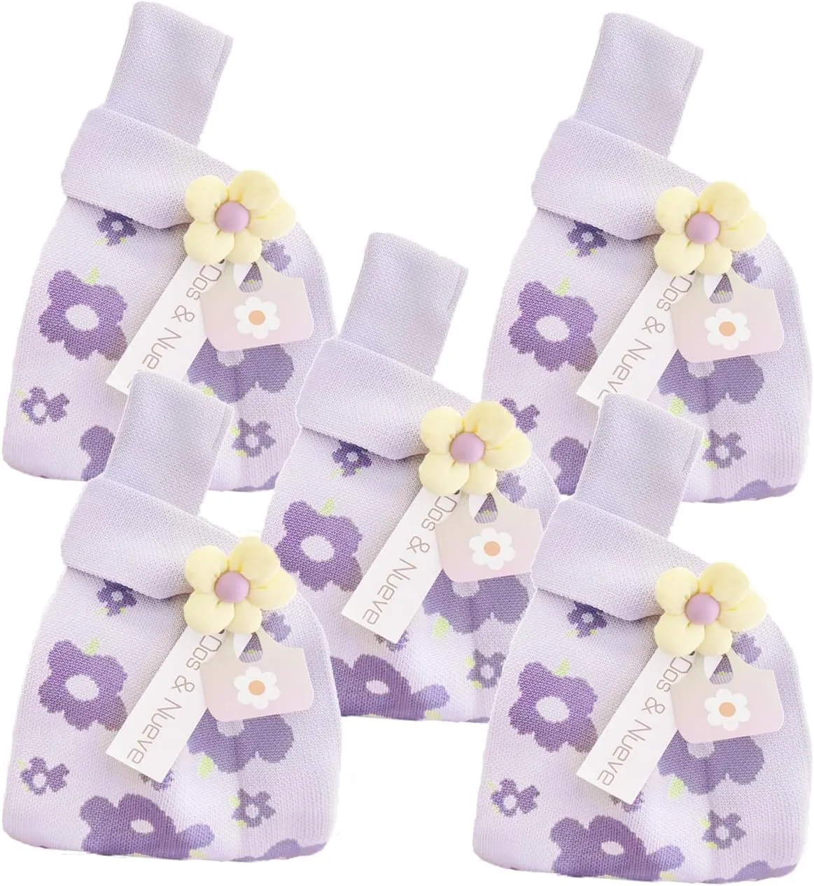 Dos & Nueve, 5 pcs Premium Knitted Gift bags, Tote Bag Packs, Wristlet Handbags, Sleeve Knot Pouch, Portable Purse Cute Pattern (Purple flower)