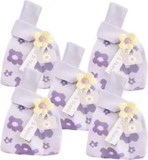 Dos & Nueve, 5 pcs Premium Knitted Gift bags, Tote Bag Packs, Wristlet Handbags, Sleeve Knot Pouch, Portable Purse Cute Pattern (Purple flower)