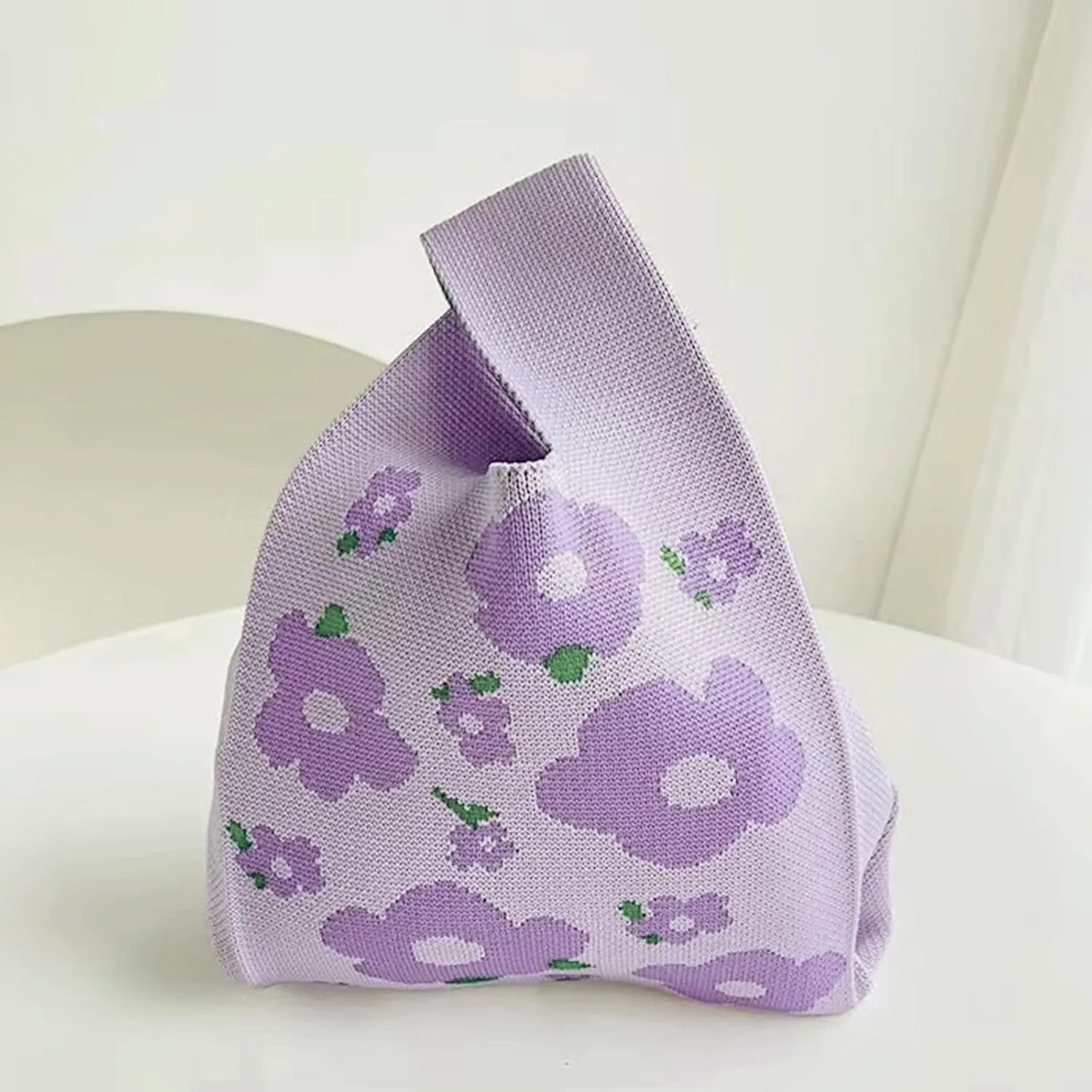 Dos & Nueve, 5 pcs Premium Knitted Gift bags, Tote Bag Packs, Wristlet Handbags, Sleeve Knot Pouch, Portable Purse Cute Pattern (Purple flower)