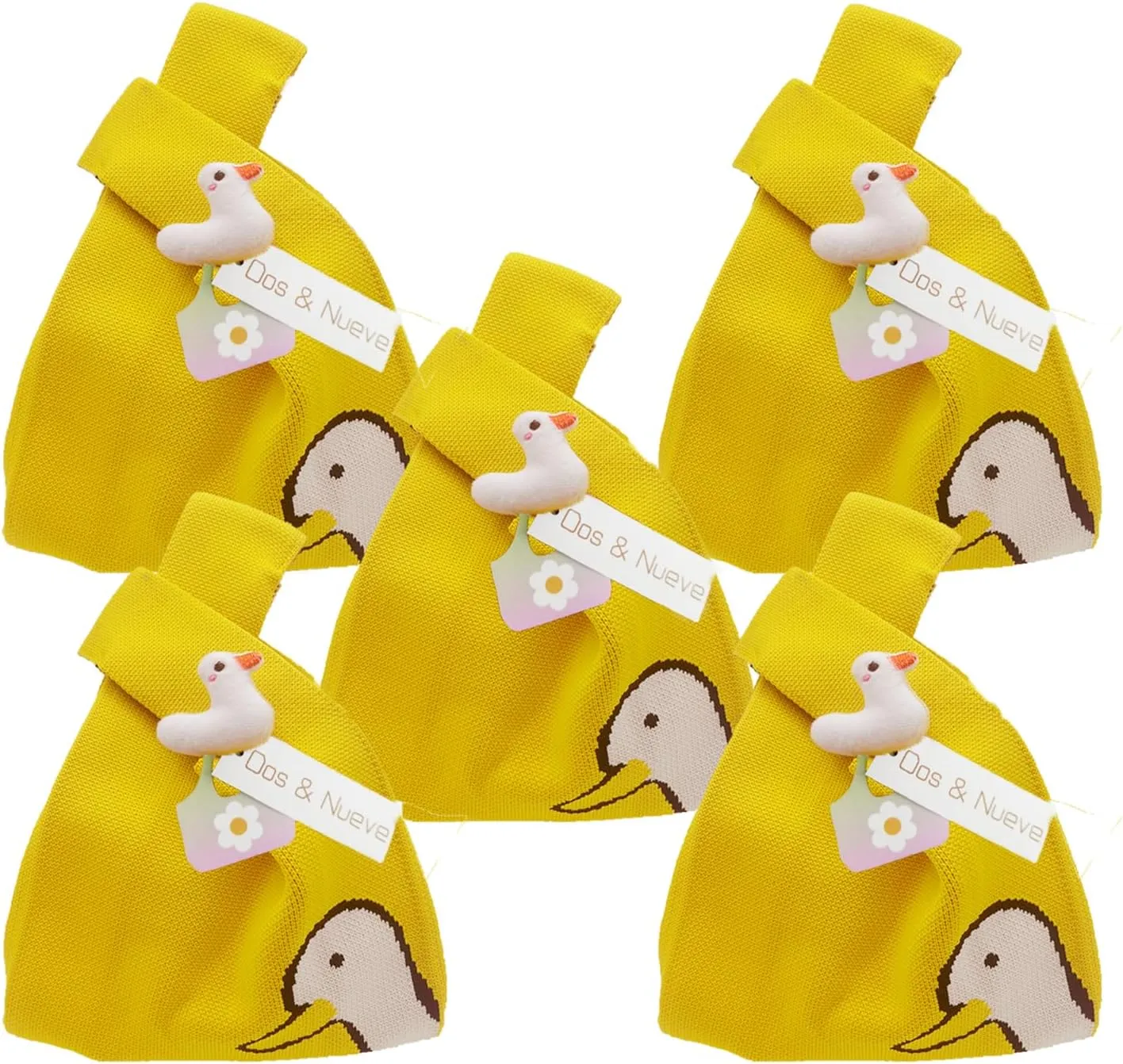 Dos & Nueve, 5 pcs Premium Knitted Gift bags, Tote Bag Packs, Wristlet Handbags, Sleeve Knot Pouch, Portable Purse Cute Pattern (Yellow duck)