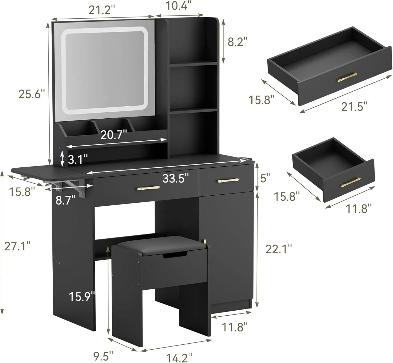 Dowinx Vanity Desk with Mirror and Light, Makeup Vanity with Power Outlet & Storage Stool, Vanity Table with 3 Drawers & 7 Open Shelves, Adjustable 3 Colors LED Lighted for Bedroom, Black