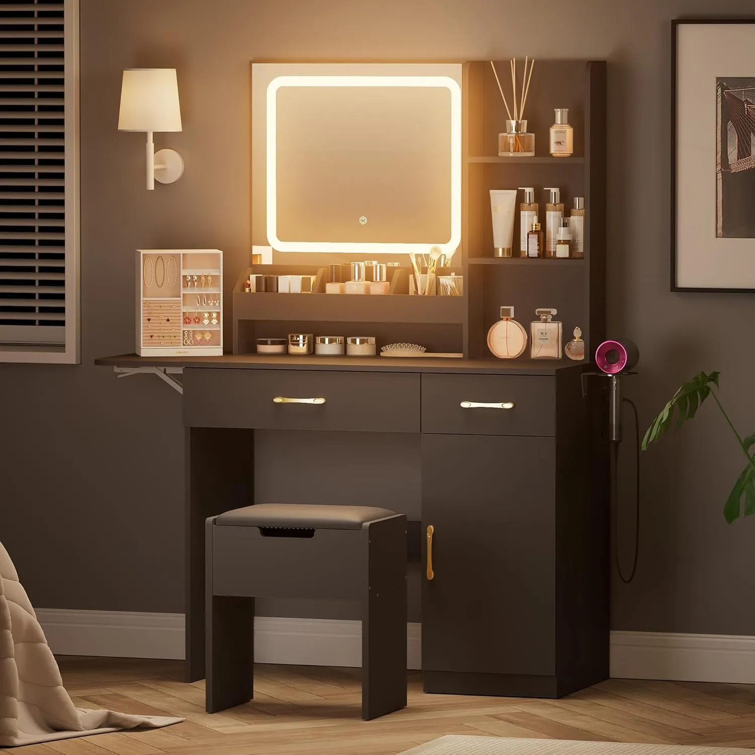 Dowinx Vanity Desk with Mirror and Light, Makeup Vanity with Power Outlet & Storage Stool, Vanity Table with 3 Drawers & 7 Open Shelves, Adjustable 3 Colors LED Lighted for Bedroom, Black