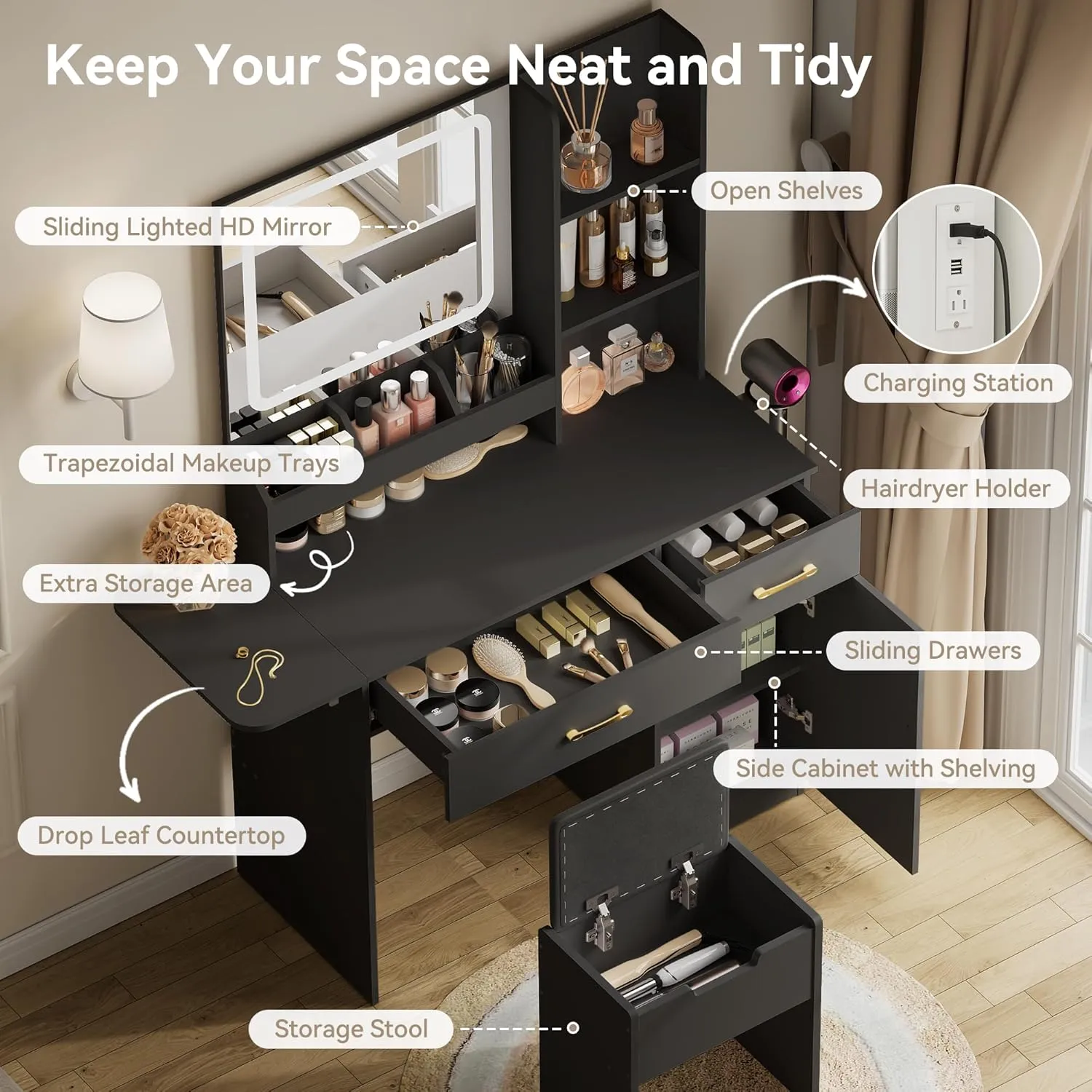 Dowinx Vanity Desk with Mirror and Light, Makeup Vanity with Power Outlet & Storage Stool, Vanity Table with 3 Drawers & 7 Open Shelves, Adjustable 3 Colors LED Lighted for Bedroom, Black