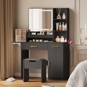 Dowinx Vanity Desk with Mirror and Light, Makeup Vanity with Power Outlet & Storage Stool, Vanity Table with 3 Drawers & 7 Open Shelves, Adjustable 3 Colors LED Lighted for Bedroom, Black