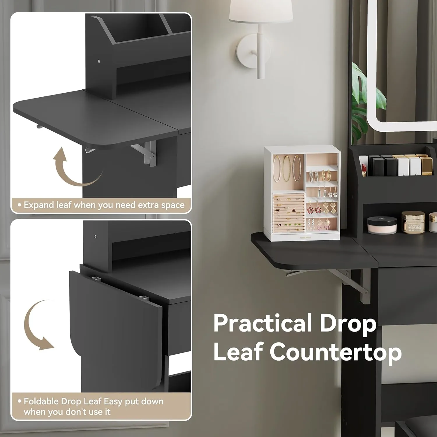 Dowinx Vanity Desk with Mirror and Light, Makeup Vanity with Power Outlet & Storage Stool, Vanity Table with 3 Drawers & 7 Open Shelves, Adjustable 3 Colors LED Lighted for Bedroom, Black