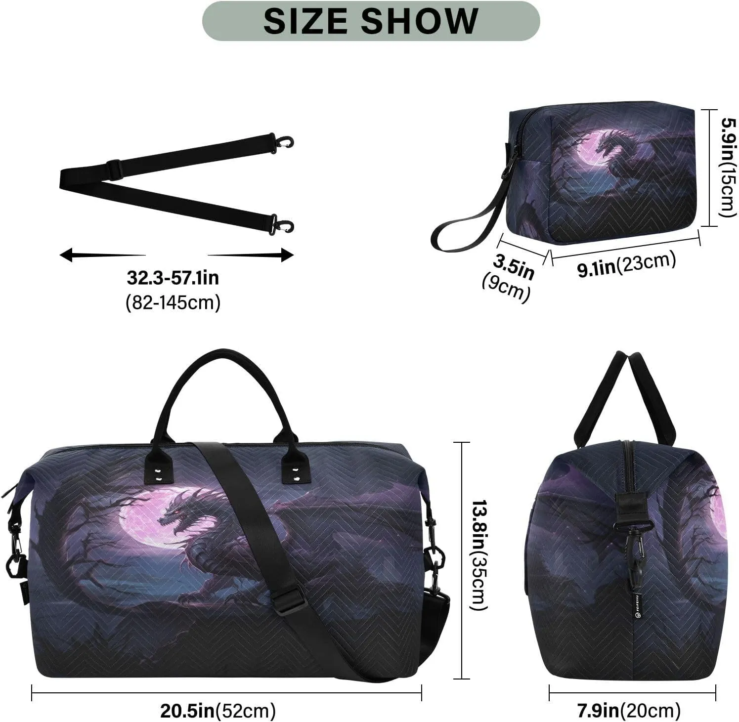 Dragon Travel Duffle Gym Bag, Roaring Dragon in The Night Weekender Bags for Women