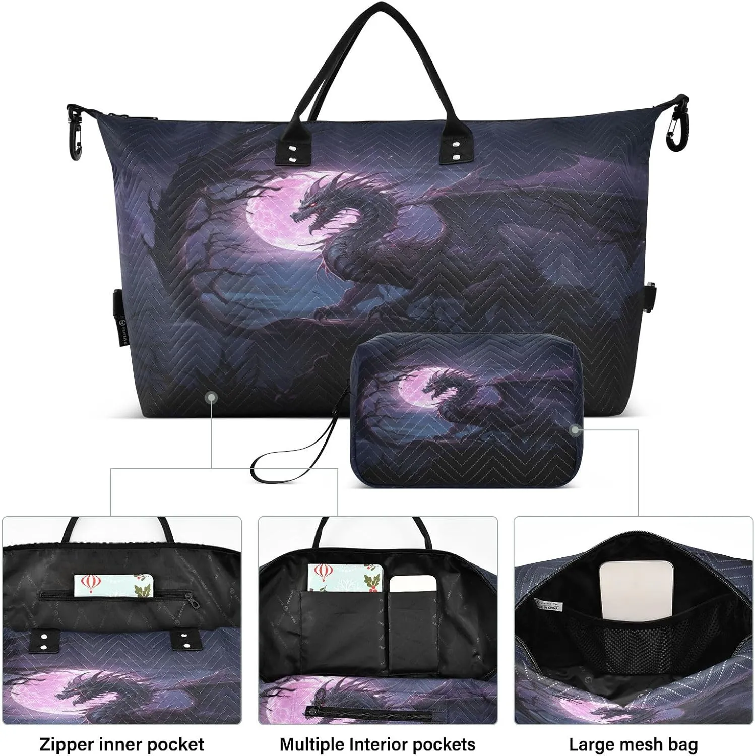 Dragon Travel Duffle Gym Bag, Roaring Dragon in The Night Weekender Bags for Women