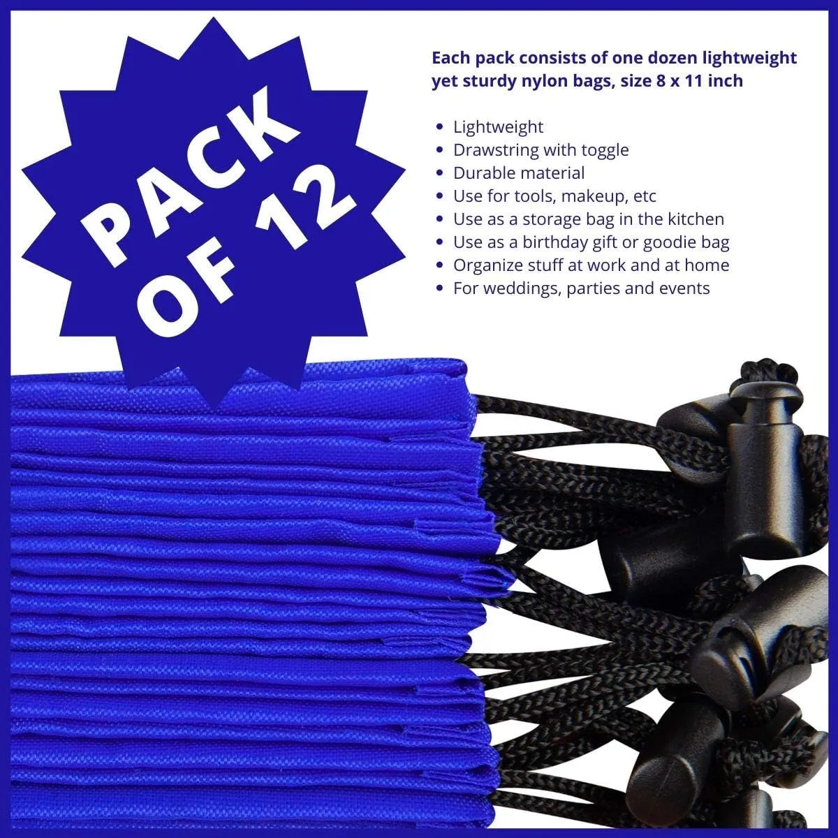 Drawstring Bag - Nylon Cinch and Ditty Stuff Pouch with Toggle (8 x 11-12 pack, Blue)